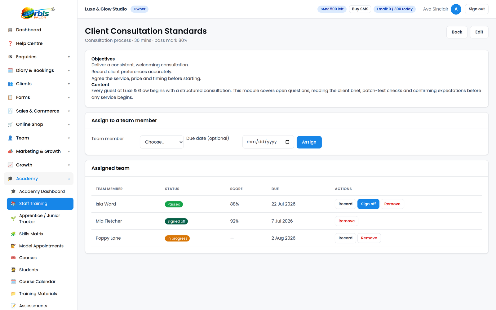 Orbis Salon Academy training module detail showing lessons, materials and completion tracking