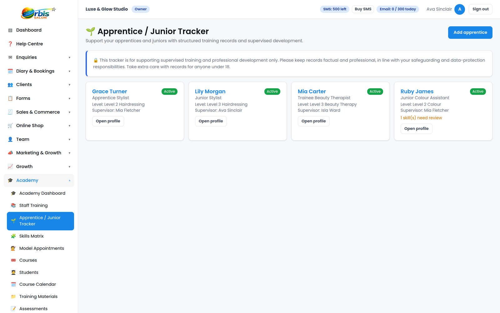 Orbis Salon Academy apprentice and junior tracker showing trainee development progress and supervisor reviews