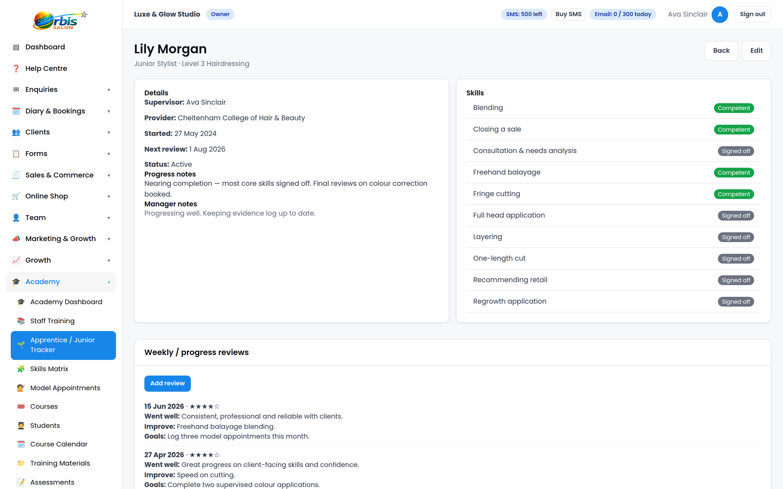 Orbis Salon Academy apprentice profile showing training history, skills progress and supervisor notes