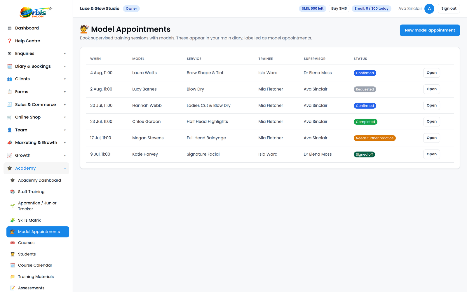 Orbis Salon Academy model appointments list for trainees and juniors with supervisor and consent status
