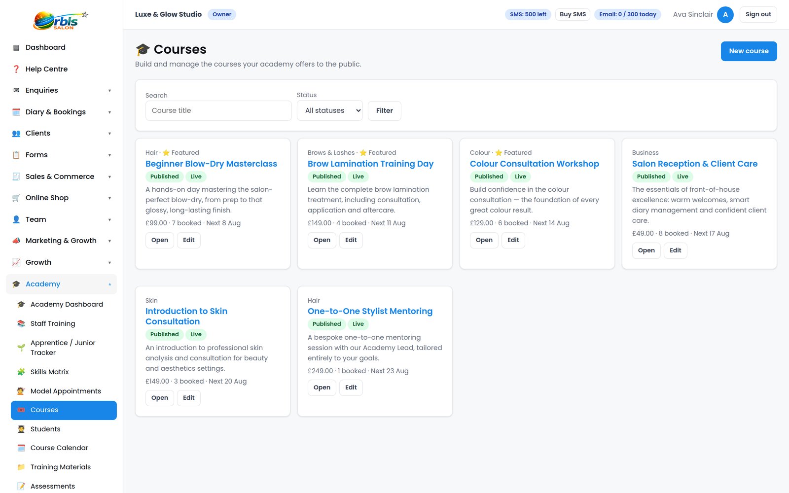 Orbis Salon Academy courses list showing salon training courses with dates, spaces and booking status