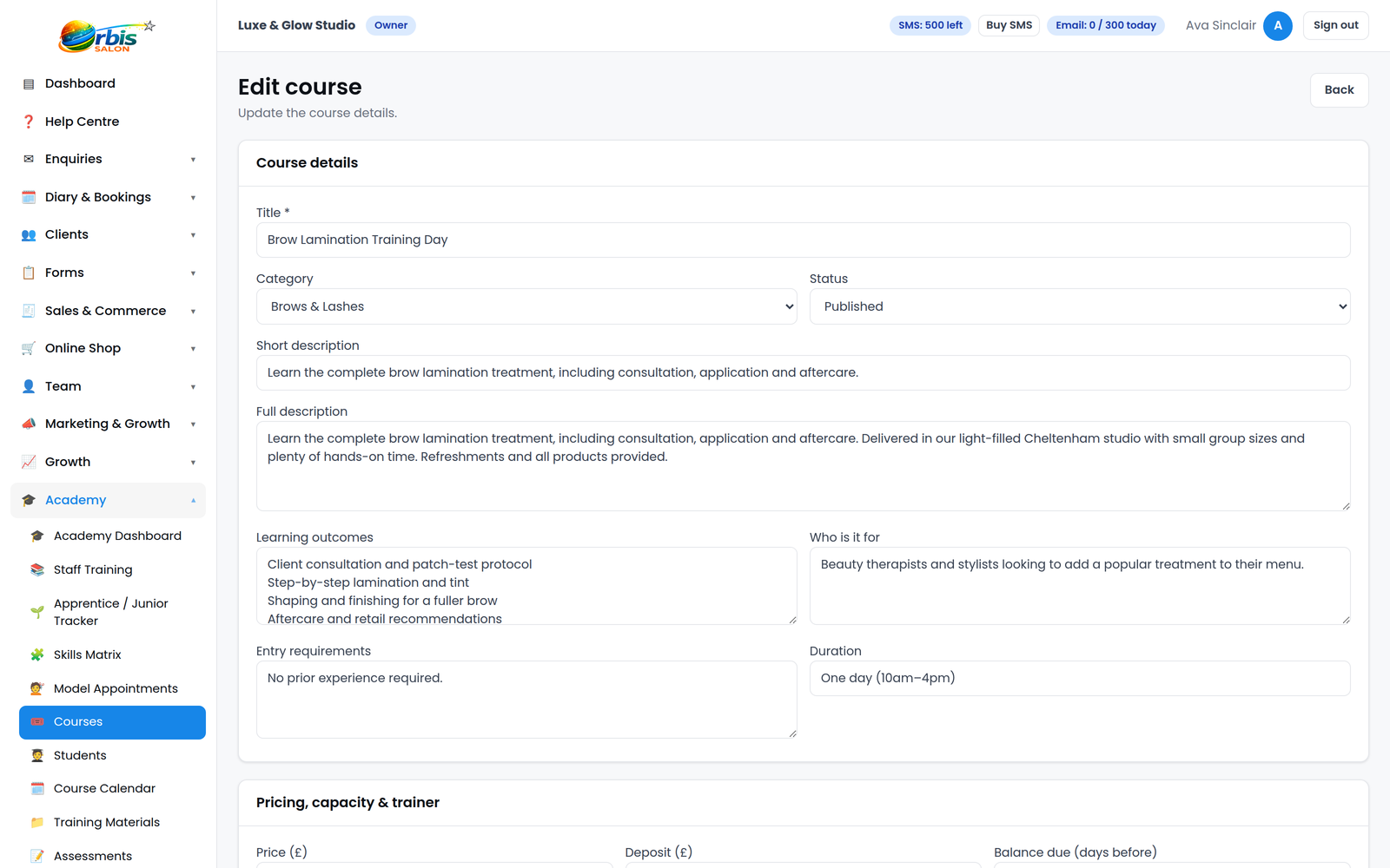 Orbis Salon Academy course editor showing course details, pricing, dates and content sections