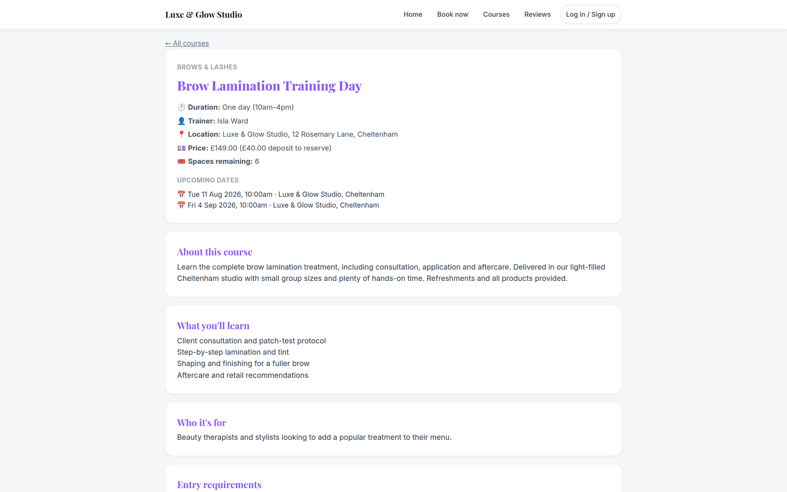Orbis Salon Academy public course page showing course details, price, trainer, spaces remaining and booking button