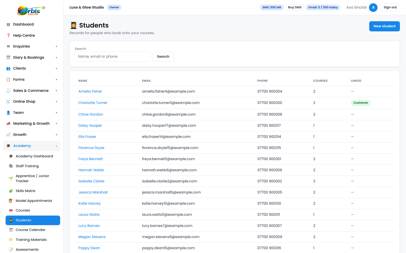 Orbis Salon Academy student records list showing bookings, attendance and payment status