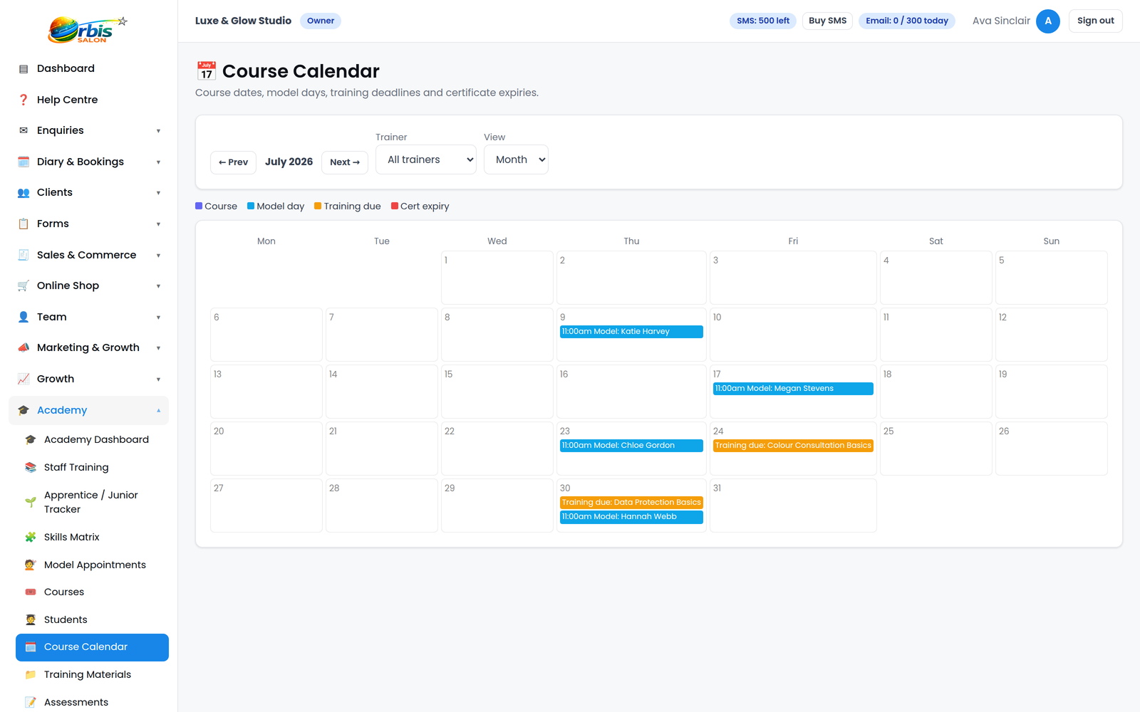Orbis Salon Academy course calendar showing scheduled training sessions and model appointments