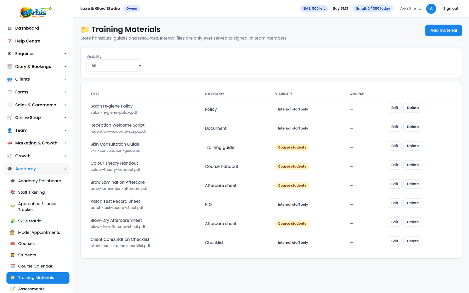 Orbis Salon Academy training materials library with guides, videos and documents for salon teams