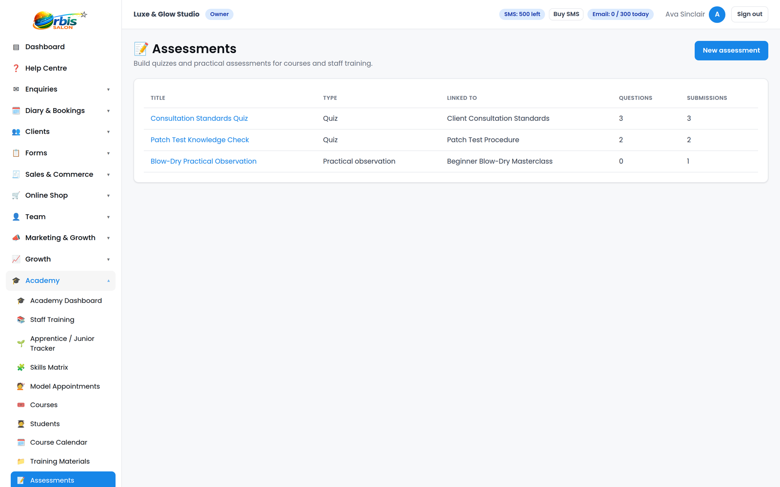 Orbis Salon Academy assessments screen recording internal assessments and supervisor sign-off
