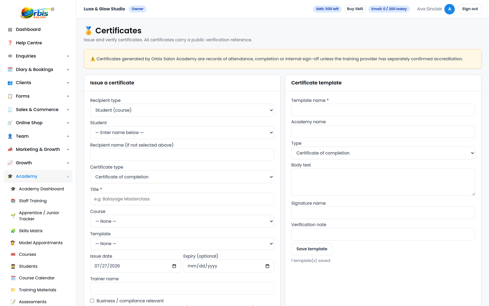 Orbis Salon Academy certificate management screen listing attendance, completion and sign-off certificates