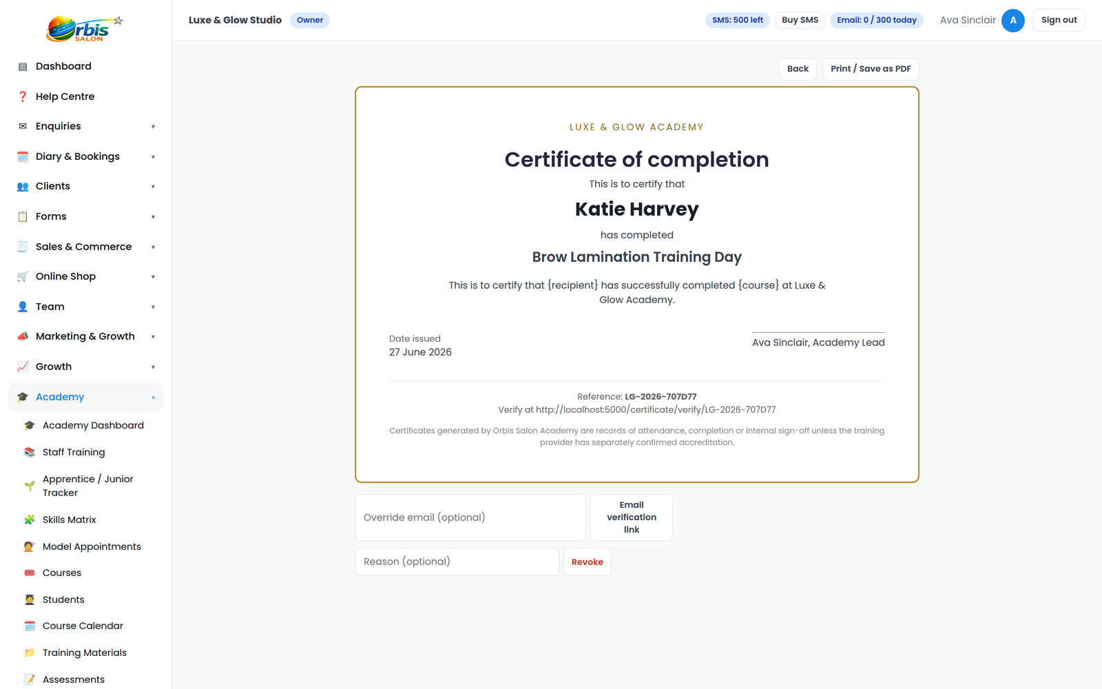 Orbis Salon Academy branded certificate preview showing salon logo, student name and course details