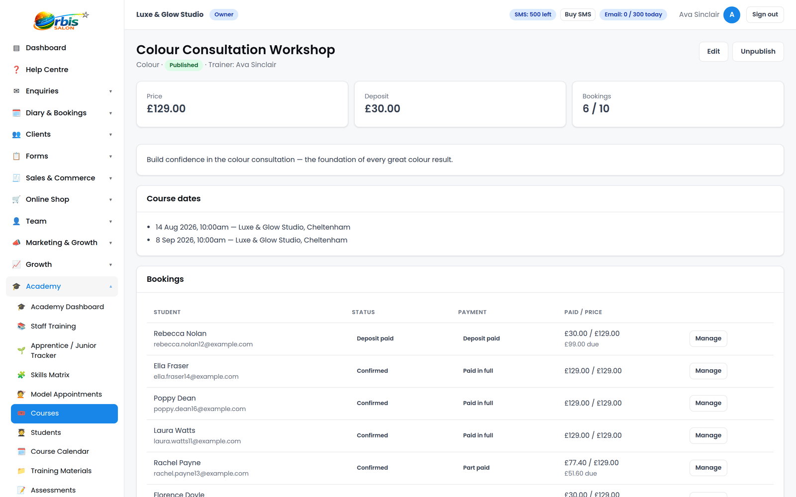 Orbis Salon Academy course payments screen tracking deposits, balances and payment status per student