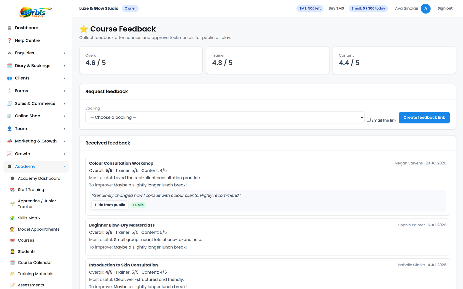 Orbis Salon Academy course feedback screen collecting student ratings and comments after training
