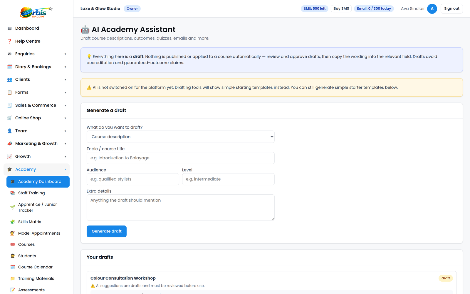 Orbis Salon Academy AI assistant drafting course descriptions, lesson plans and quiz questions for review