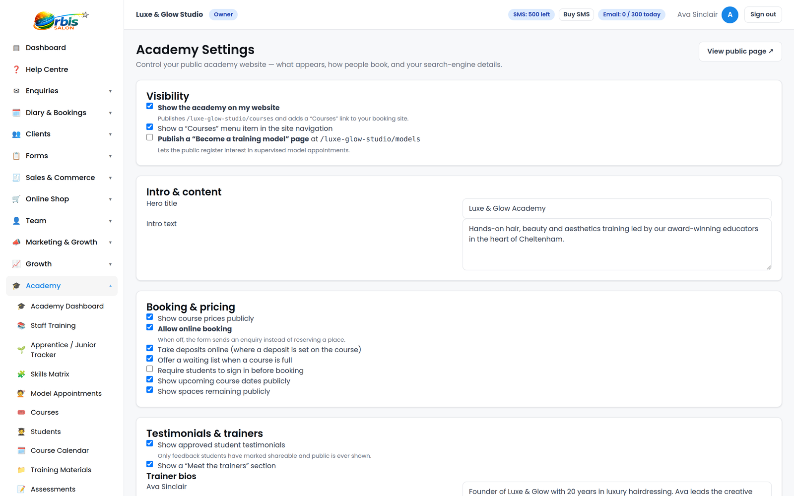 Orbis Salon Academy website settings controlling academy pages, featured courses and trainer profiles