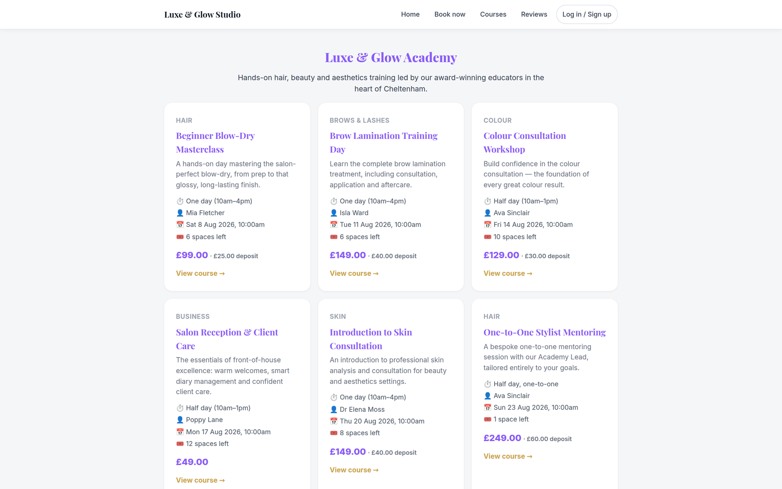 Orbis Salon Academy website landing page showing featured courses, trainer profiles and booking calls to action
