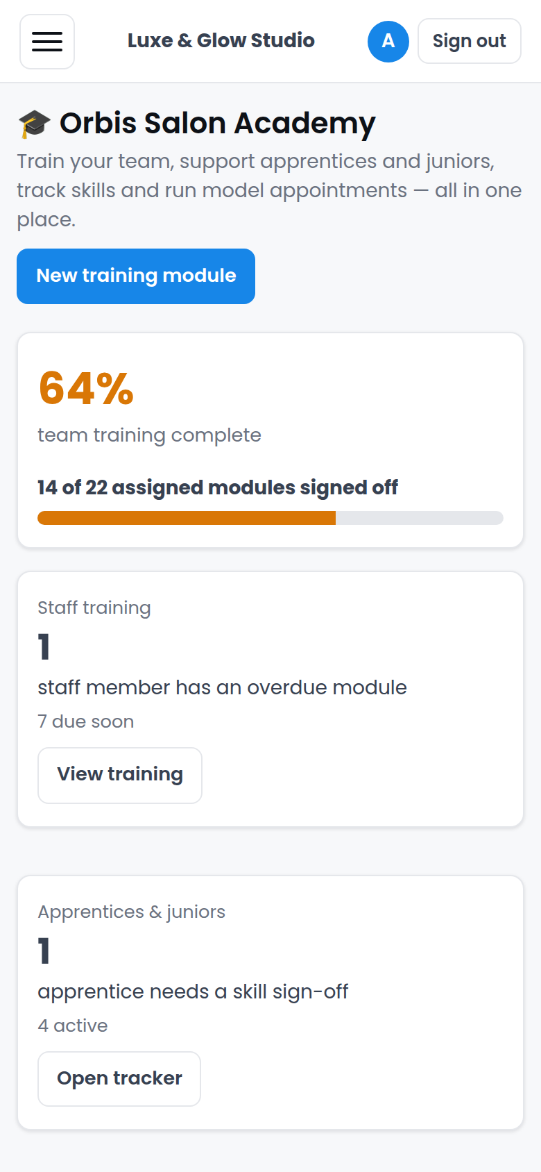 Orbis Salon Academy dashboard on mobile showing training progress and quick actions