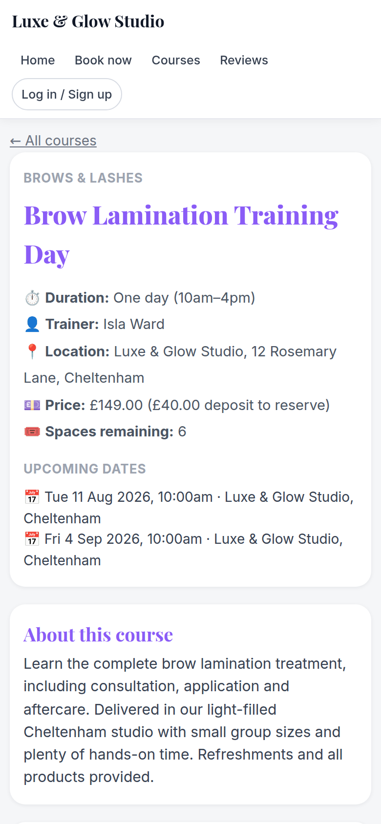 Orbis Salon Academy public course page on mobile with course details and booking button