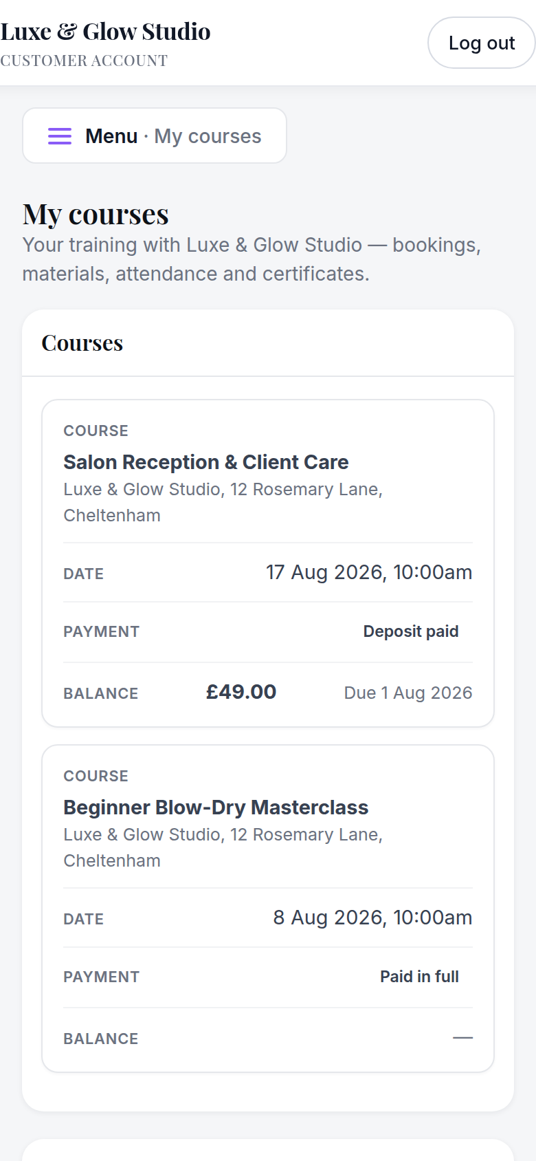 Orbis Salon Academy student portal on mobile listing a student's booked courses