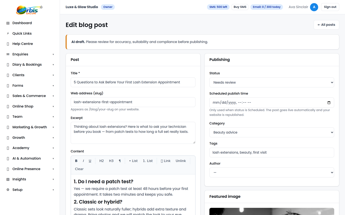 AI-assisted content draft shown in review before publishing inside Orbis Salon