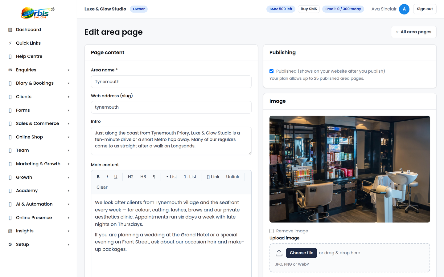 Local area page editor with town-specific content, FAQs and booking links