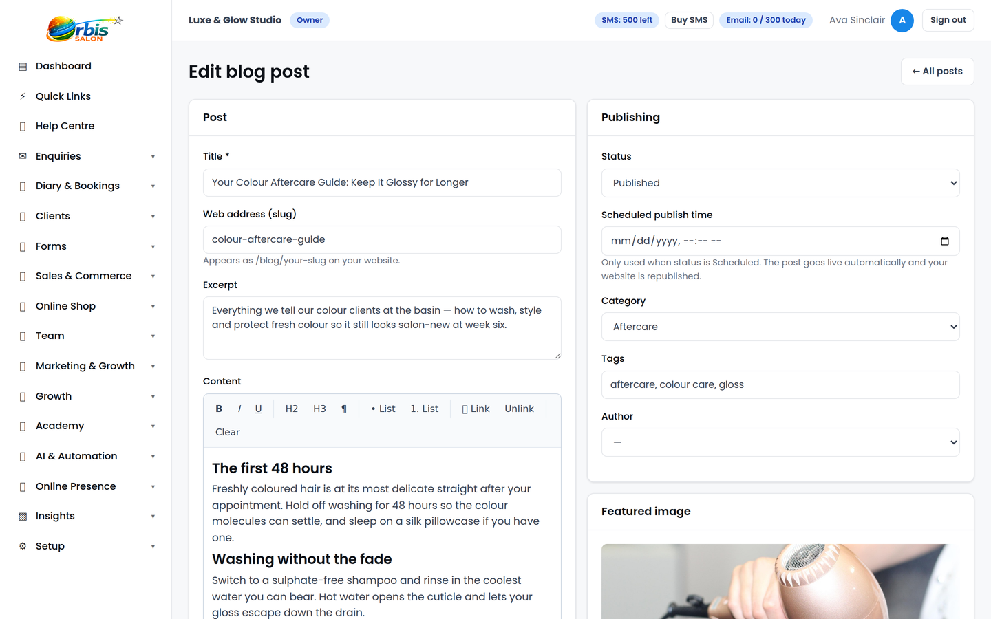 Salon blog post editor with featured image, category and booking call to action