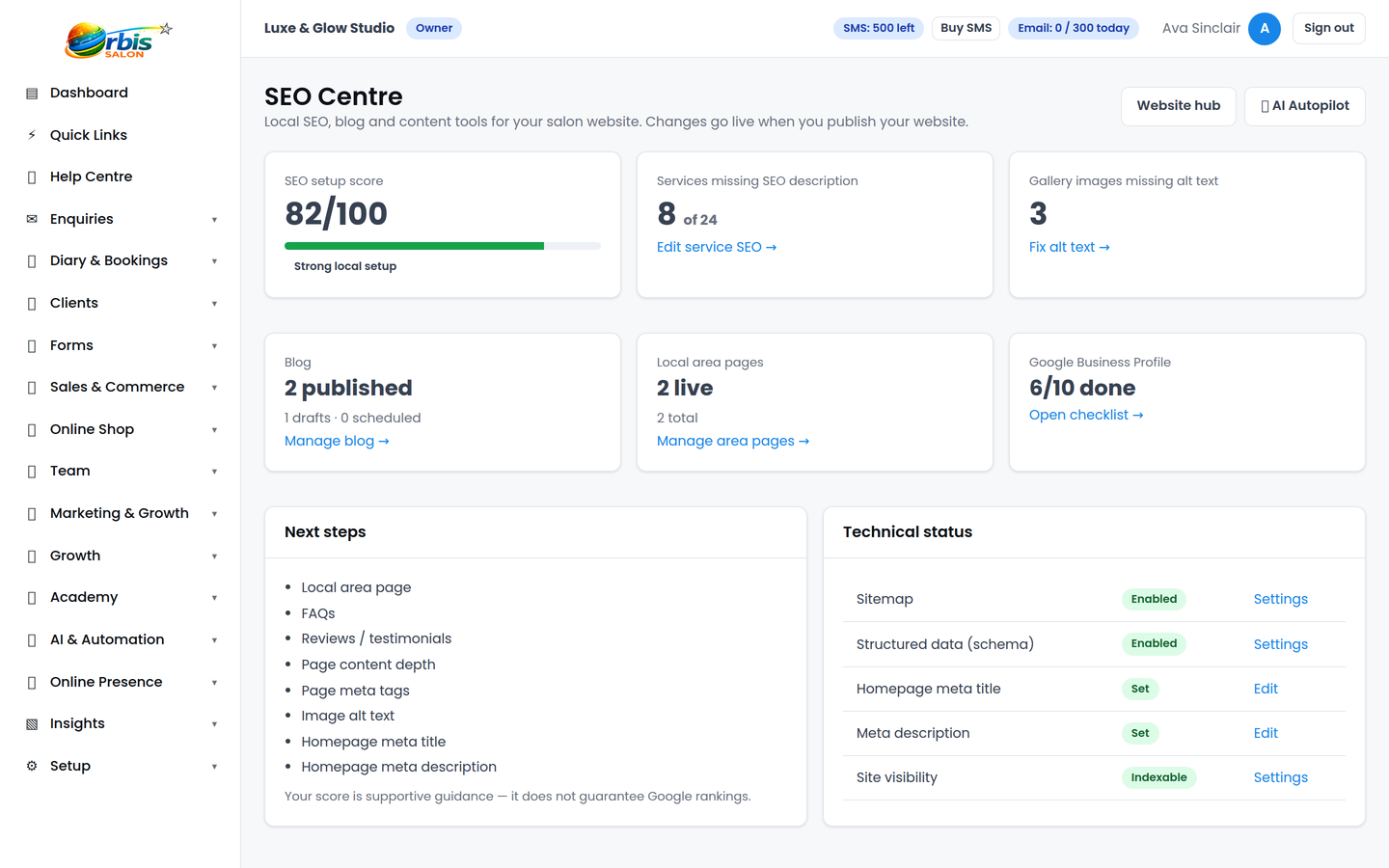 Salon SEO Centre dashboard inside Orbis Salon showing SEO health score, drafts to review and AI draft allowance