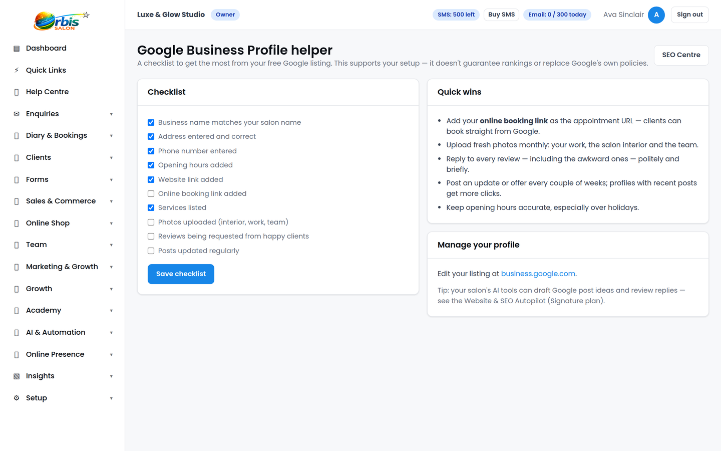 Google Business Profile helper with checklist-style guidance and review response drafts