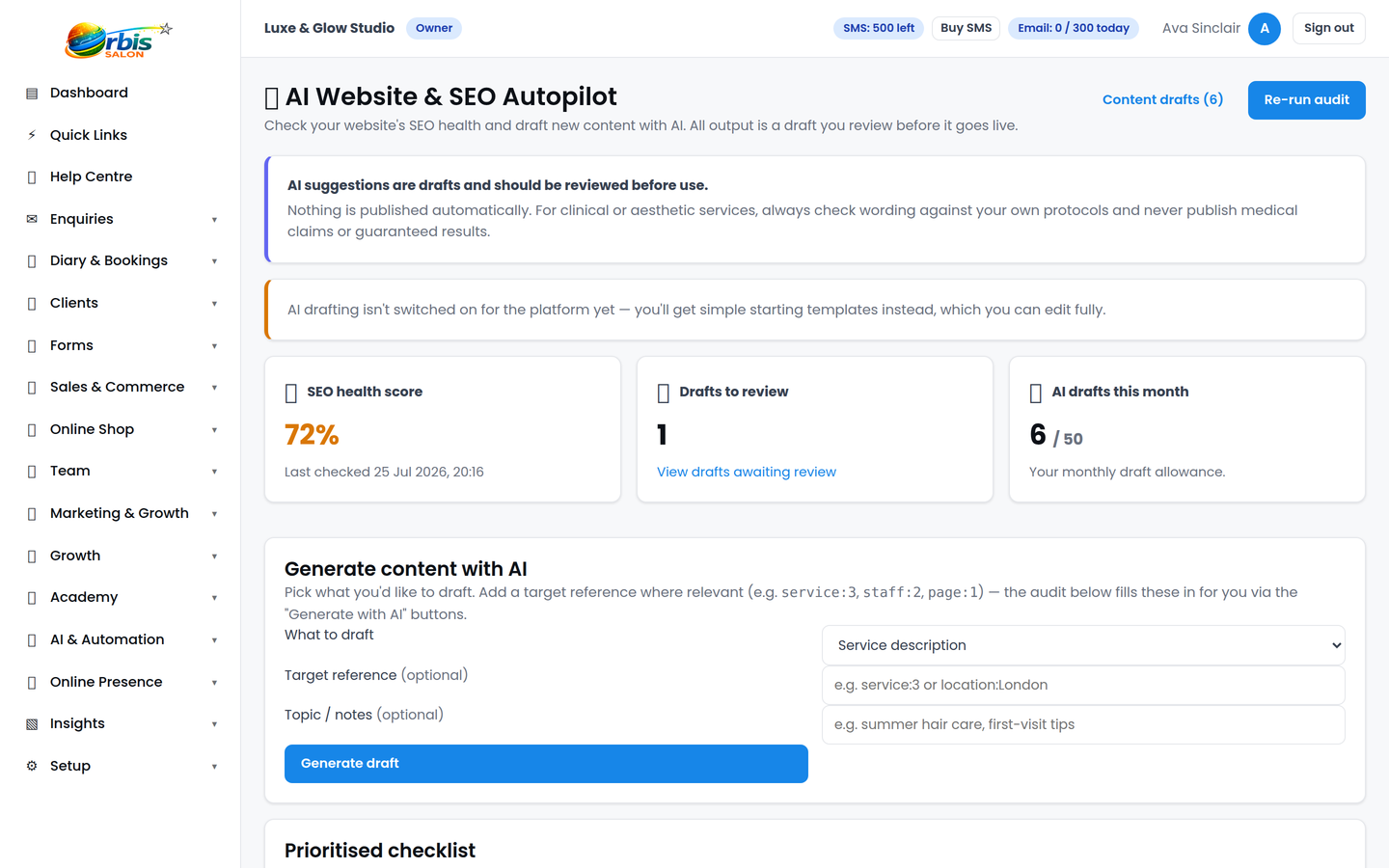 Salon SEO Centre local SEO setup screen with salon details, opening hours, service areas and local keywords