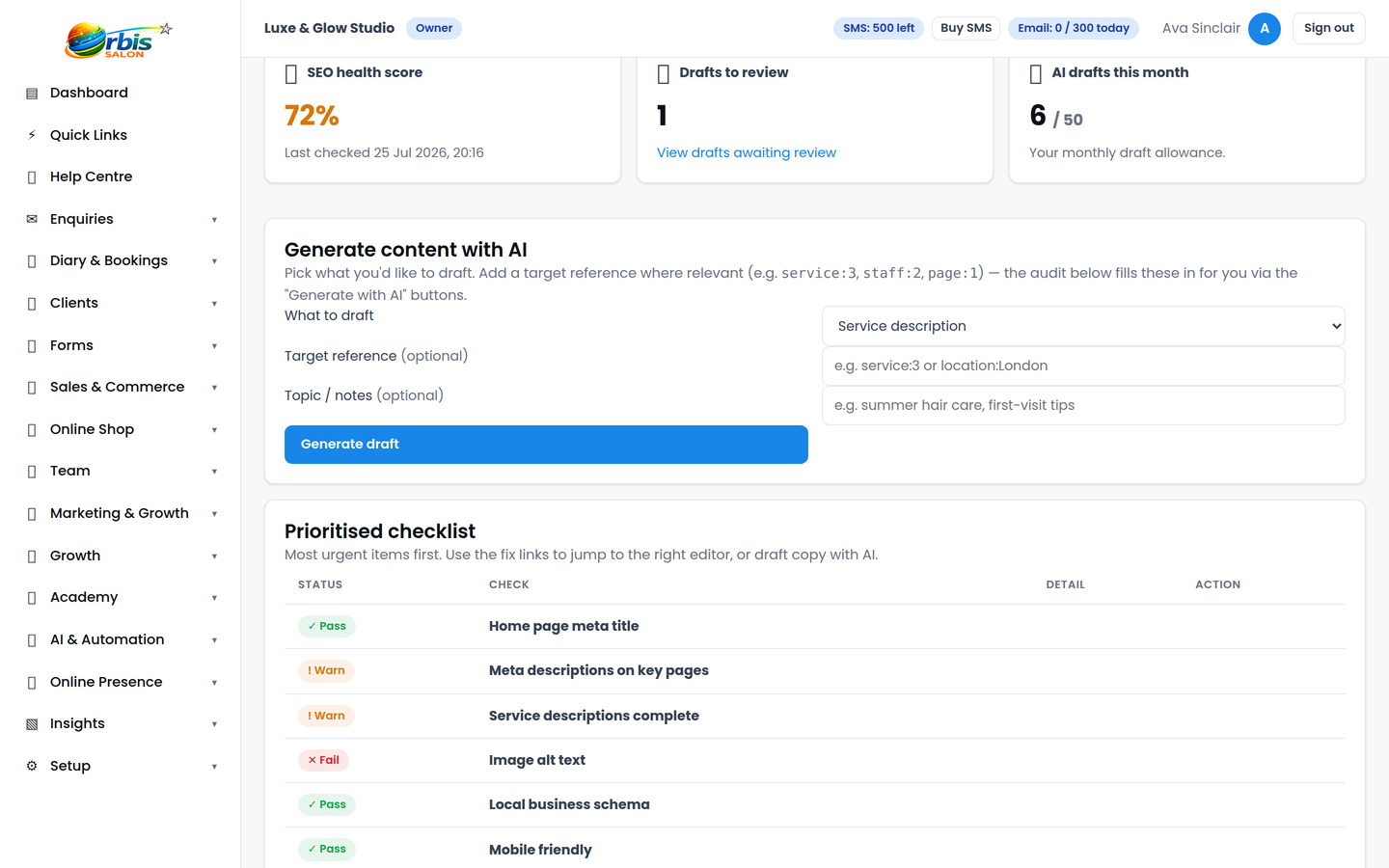 SEO health score of 72% with prioritised checklist showing pass, warn and fail items