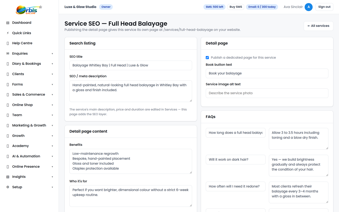 Service SEO page editor showing description, FAQs, meta title, meta description and Book Online button