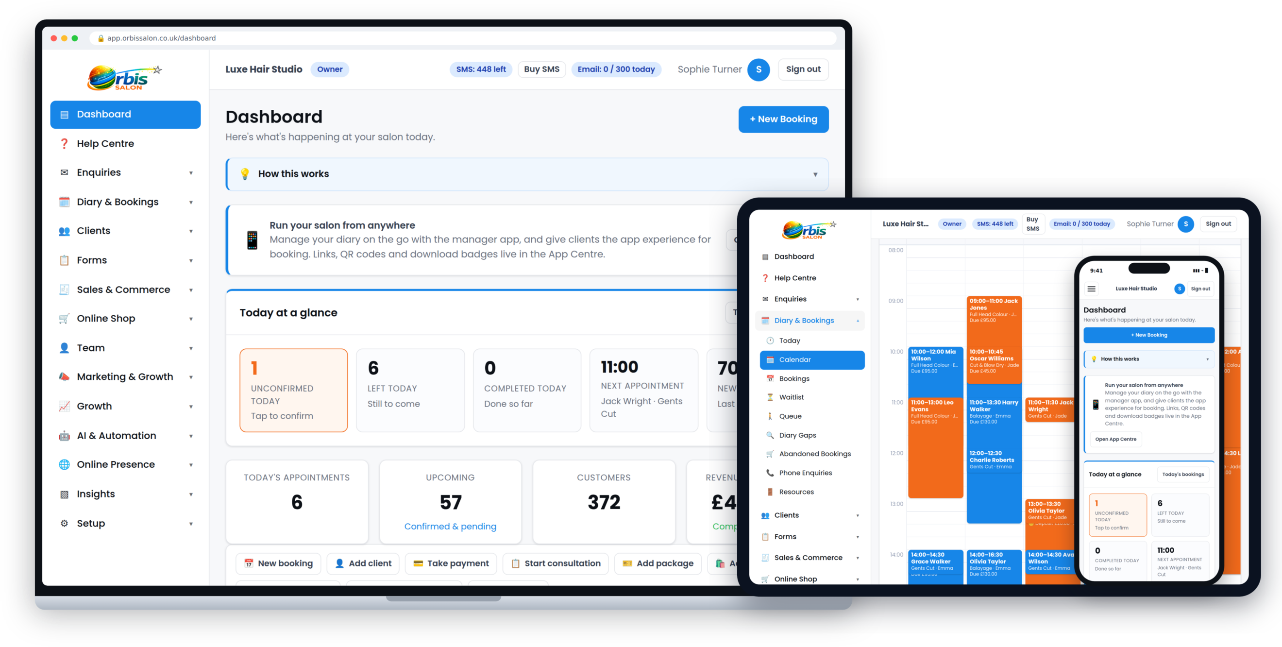 Orbis Salon running on a laptop, tablet and iPhone — dashboard, diary calendar and manager app