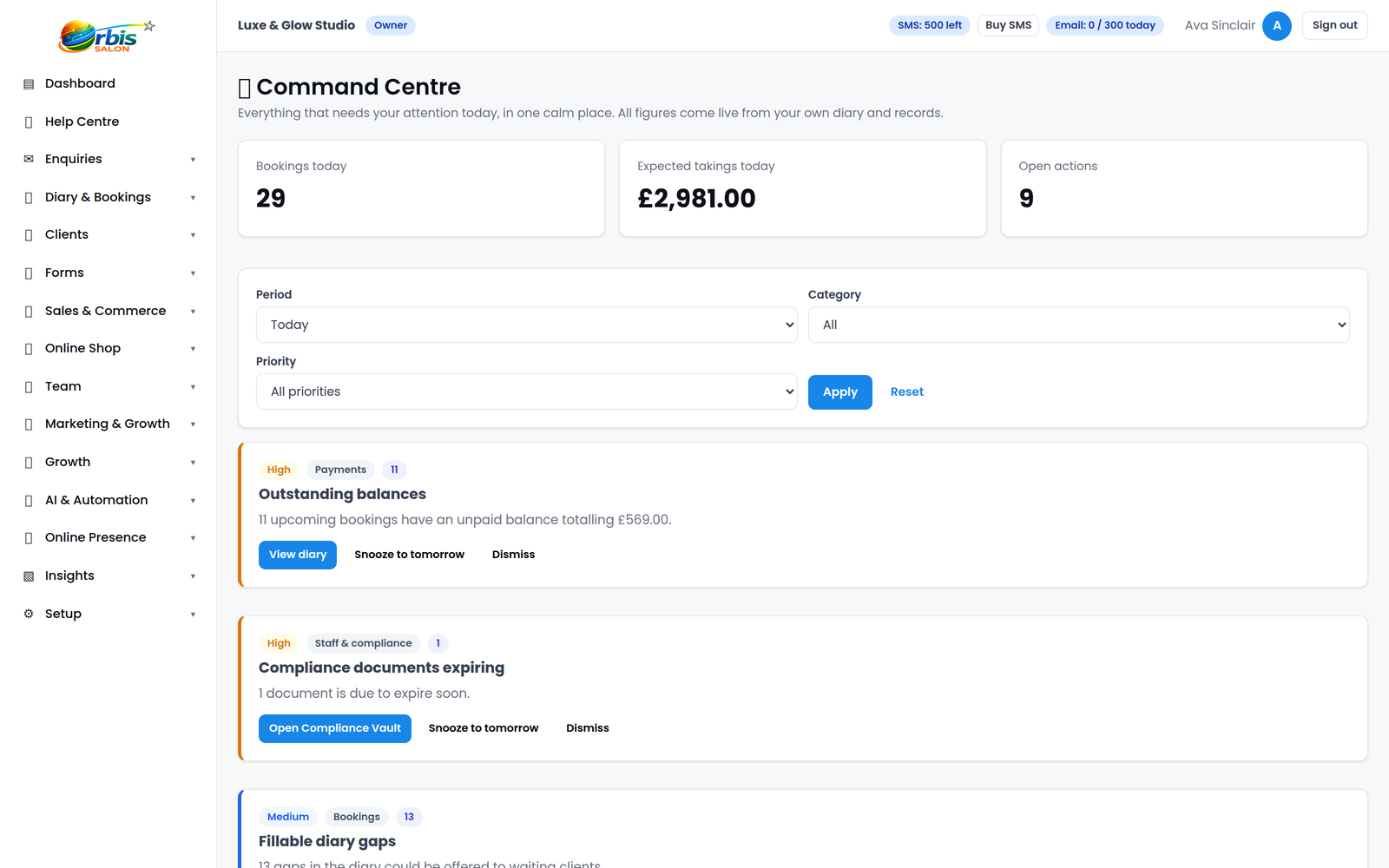Orbis Salon Command Centre showing bookings, payments, forms, stock and daily action cards