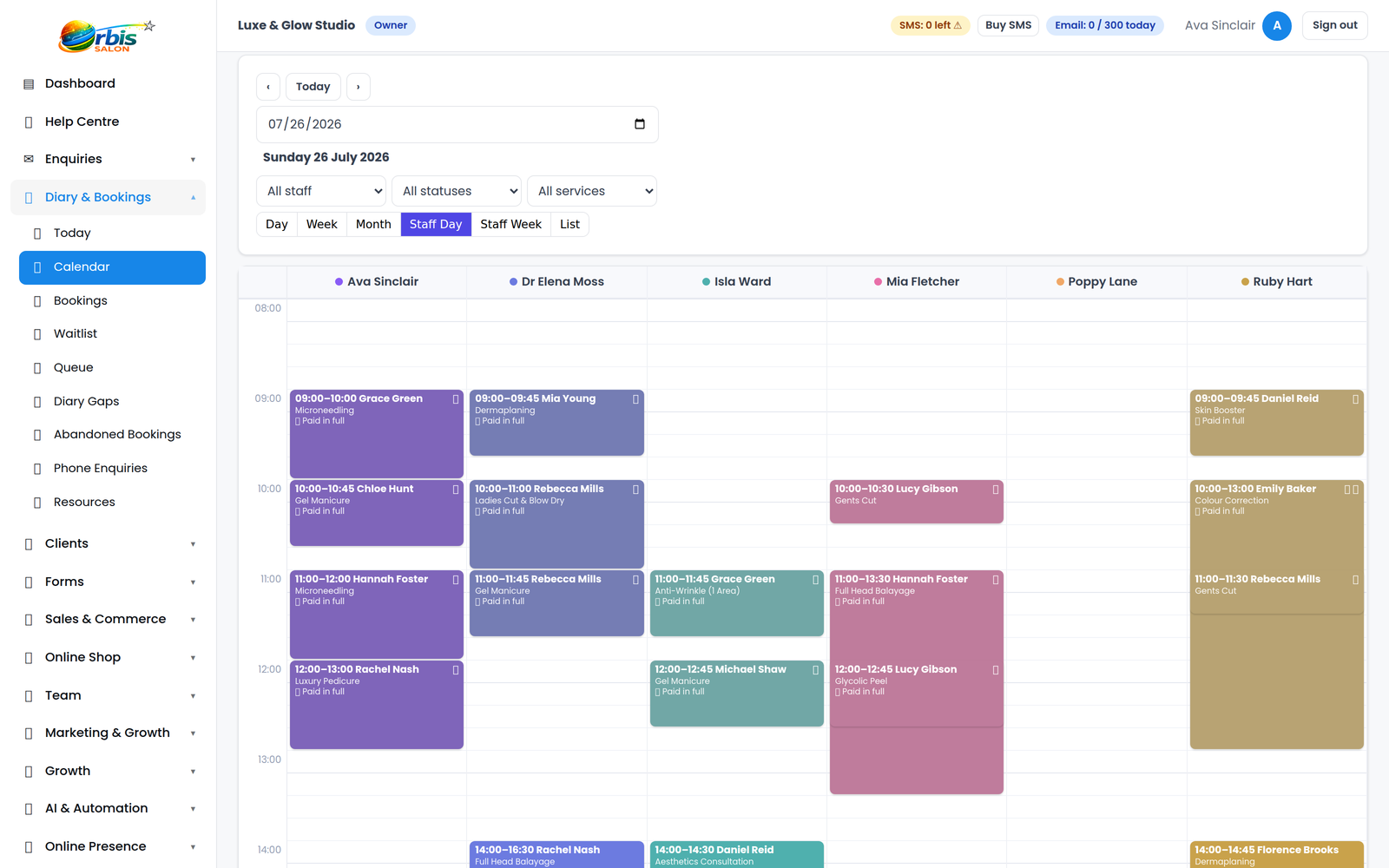 Orbis Salon team diary with colour-coded appointments across multiple staff.