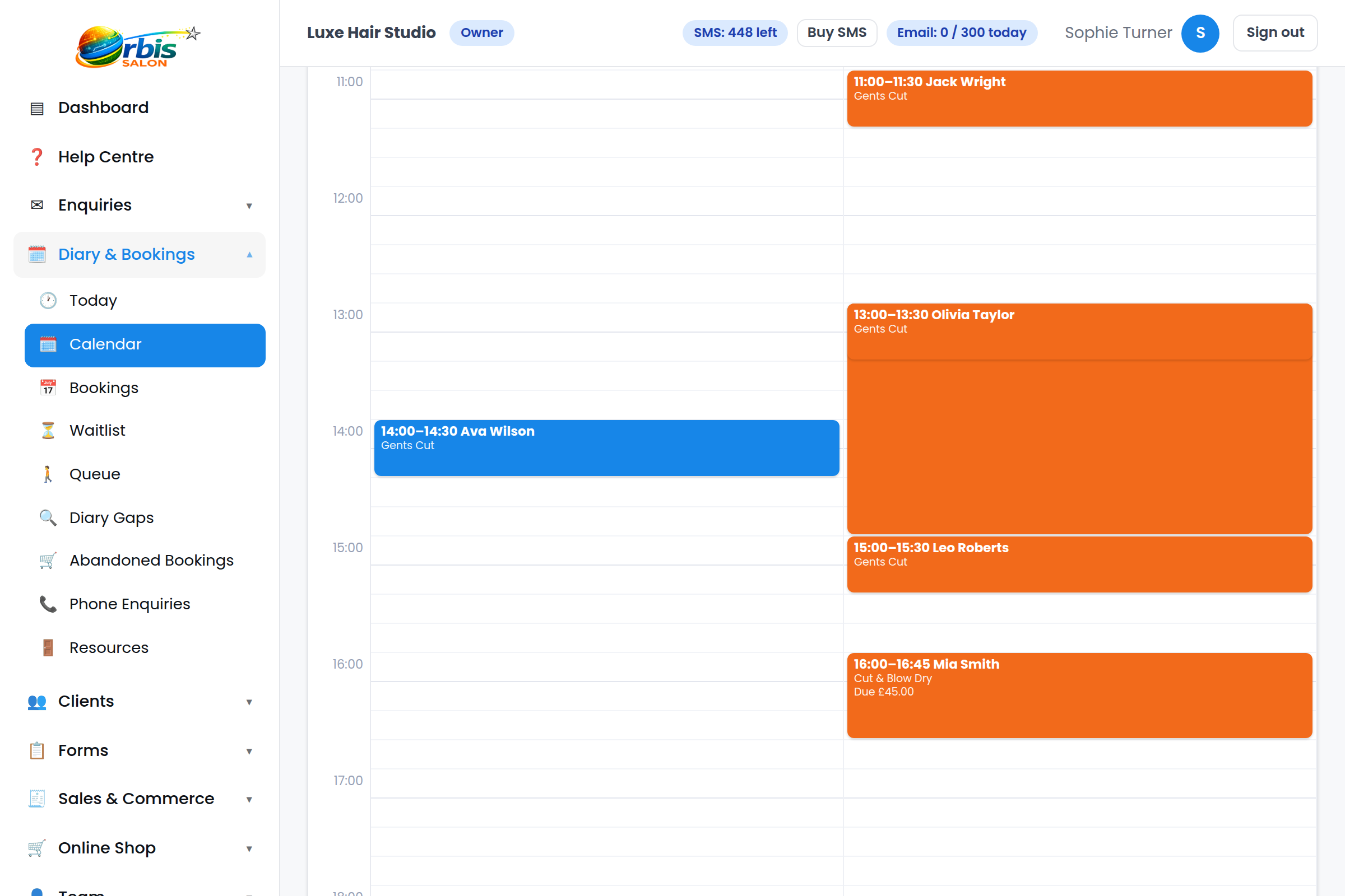 Orbis Salon diary showing colour-coded appointments across staff columns.