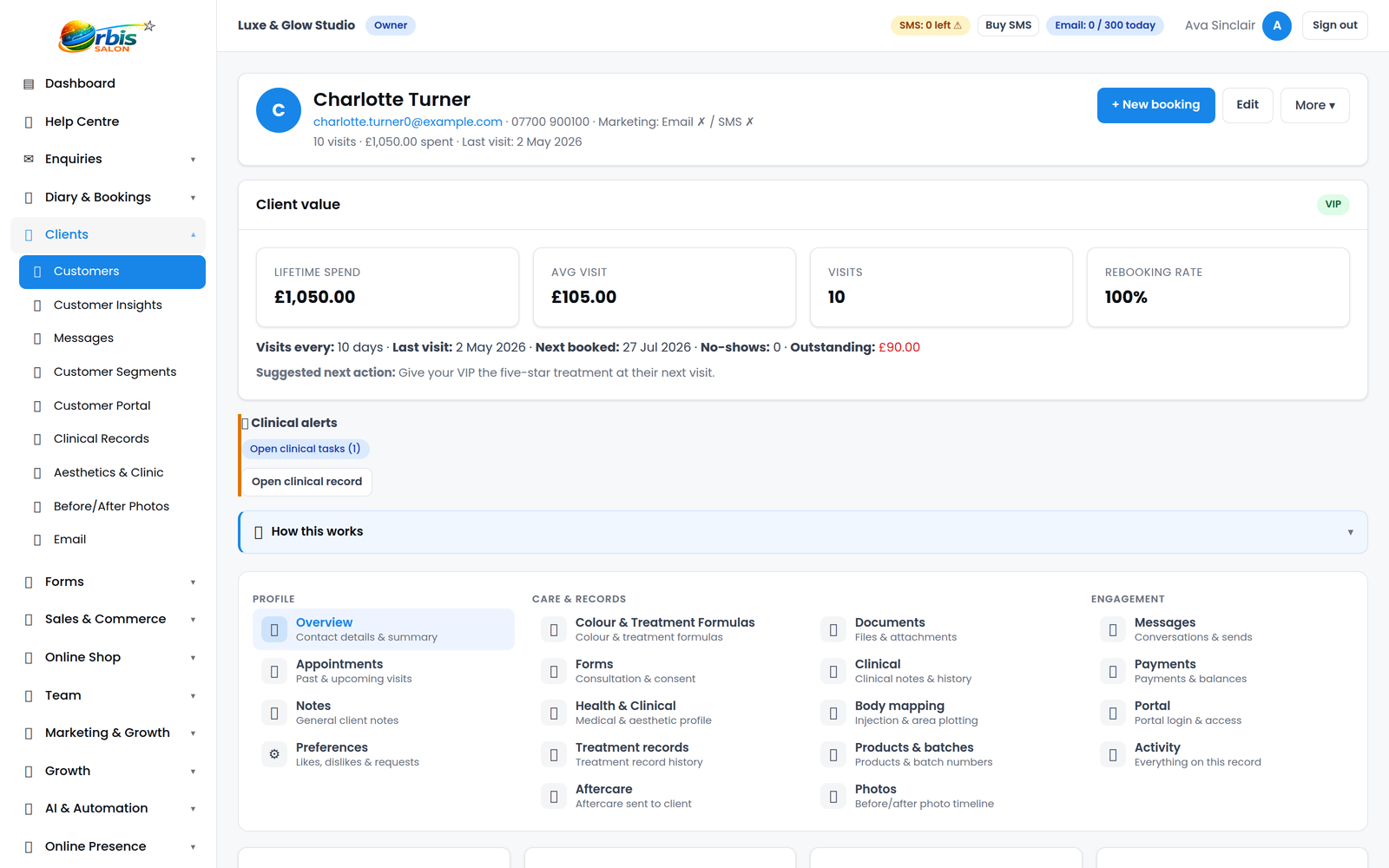 Orbis Salon client record showing appointments, notes, forms, payments and activity history