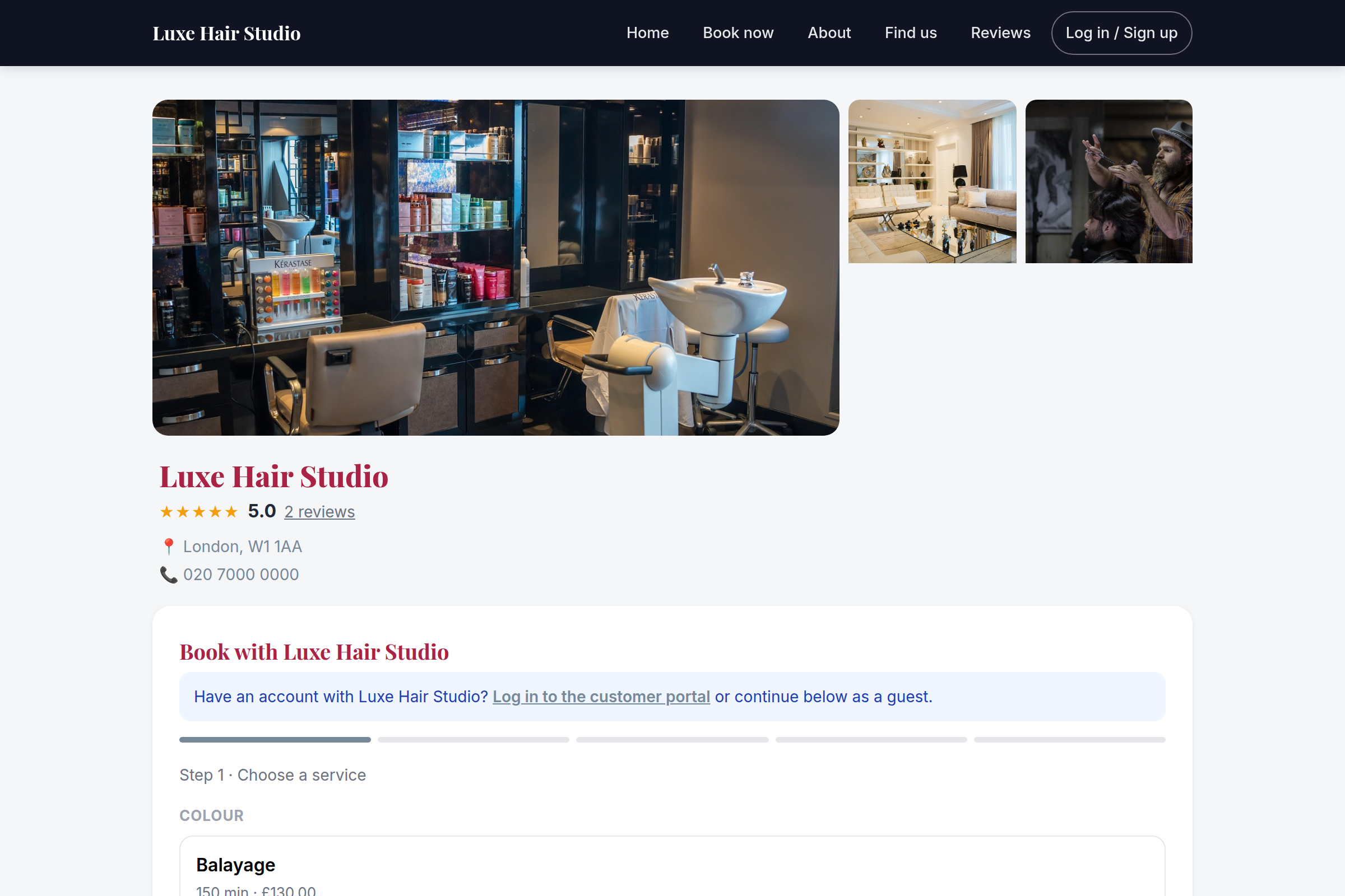 Orbis Salon online booking page on desktop with salon gallery and booking steps.