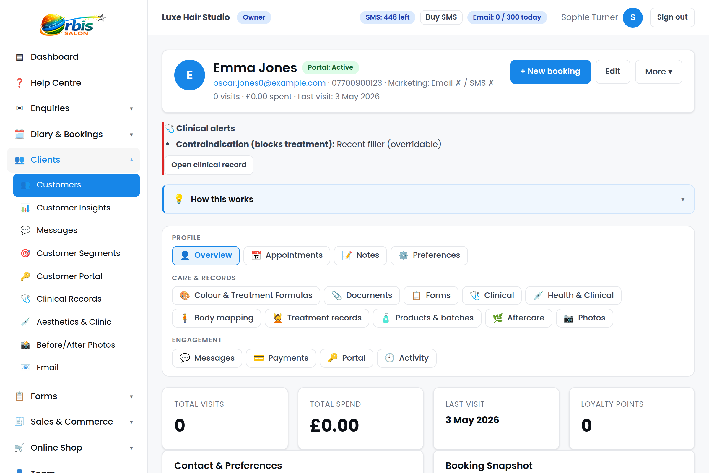 Orbis Salon client record with history, clinical alerts and preferences.
