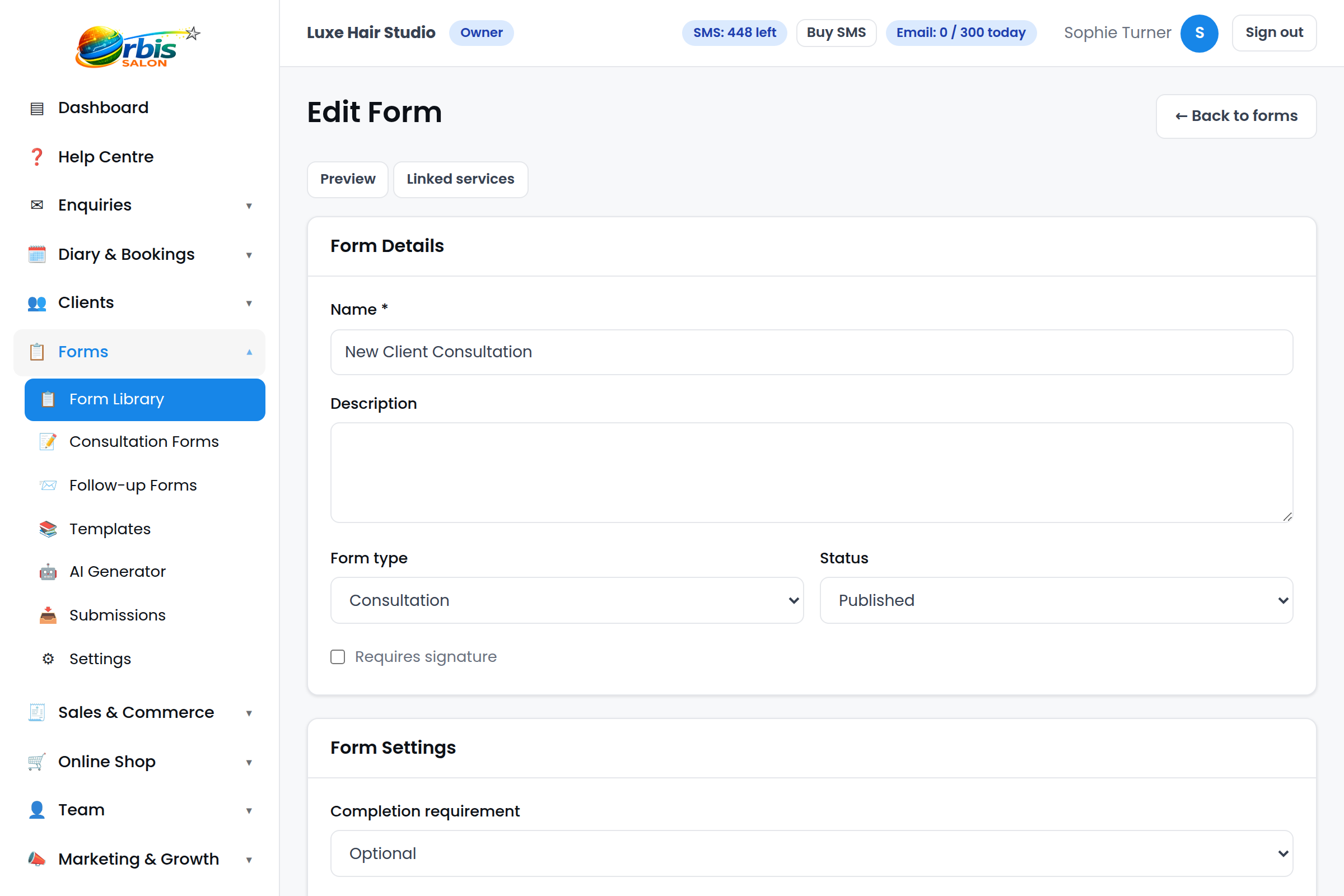 Orbis Salon form builder editing a new client consultation form.