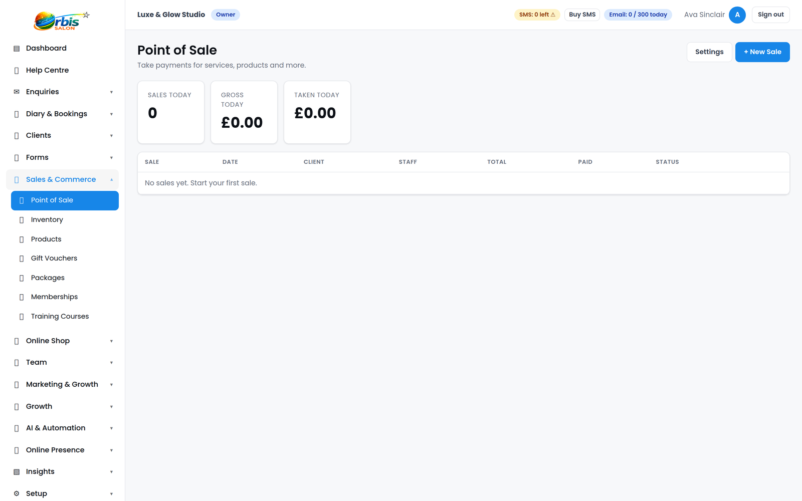 Orbis Salon POS screen showing services, products, totals and payment actions