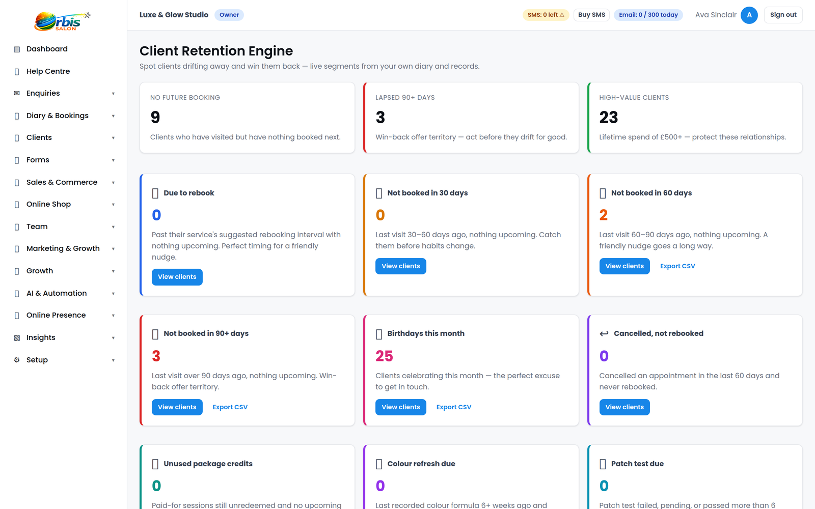 Client Retention Engine showing due back, lapsed and high value client segments
