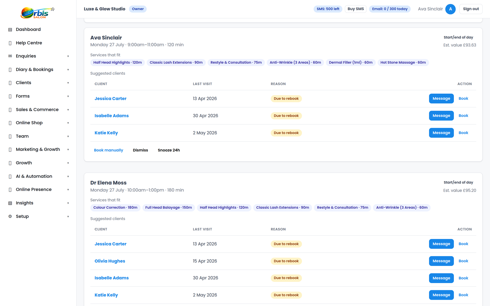 Smart Gap Filler showing empty diary slots and suggested clients to contact