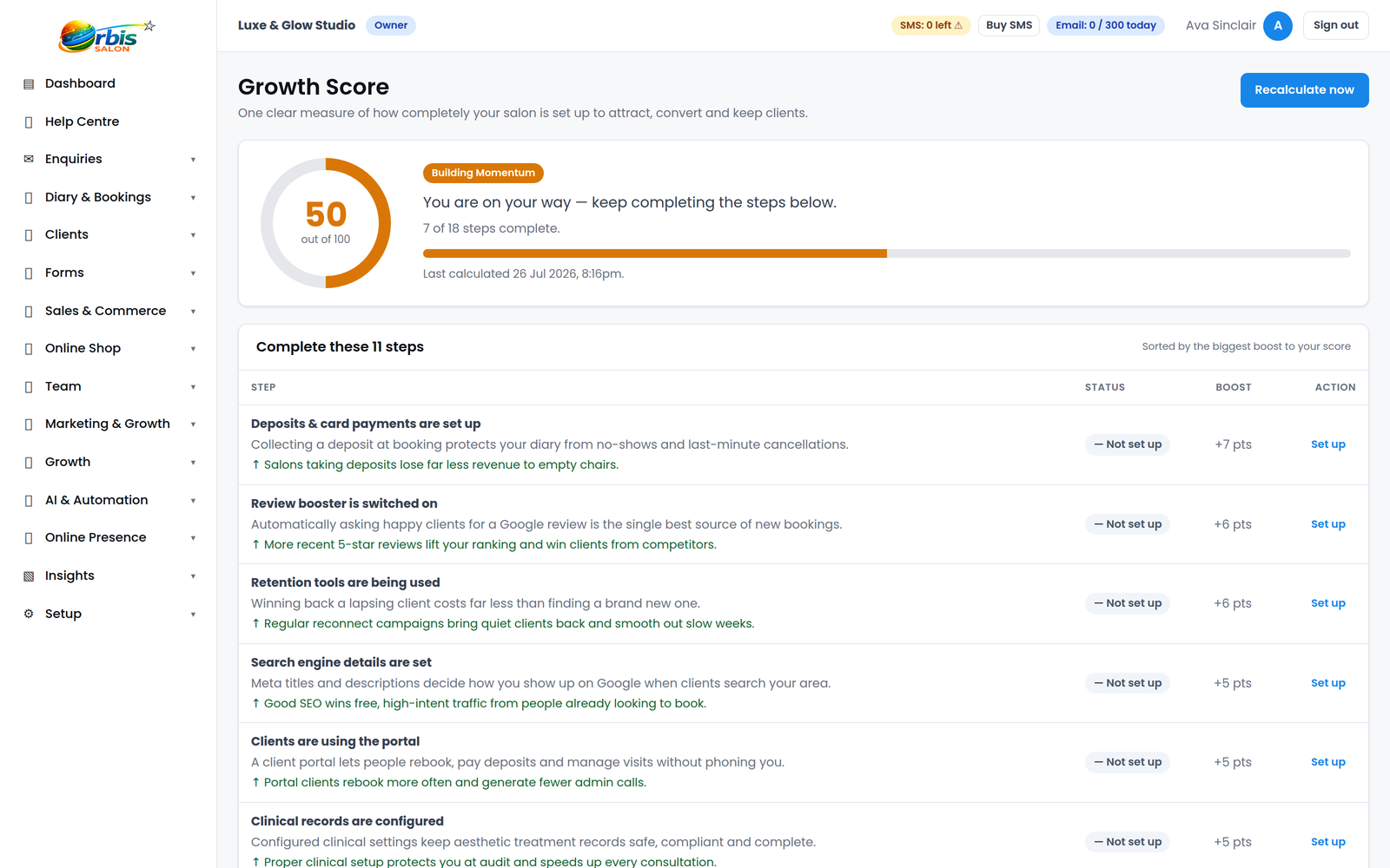 Salon Growth Score showing setup progress and recommended business improvement actions