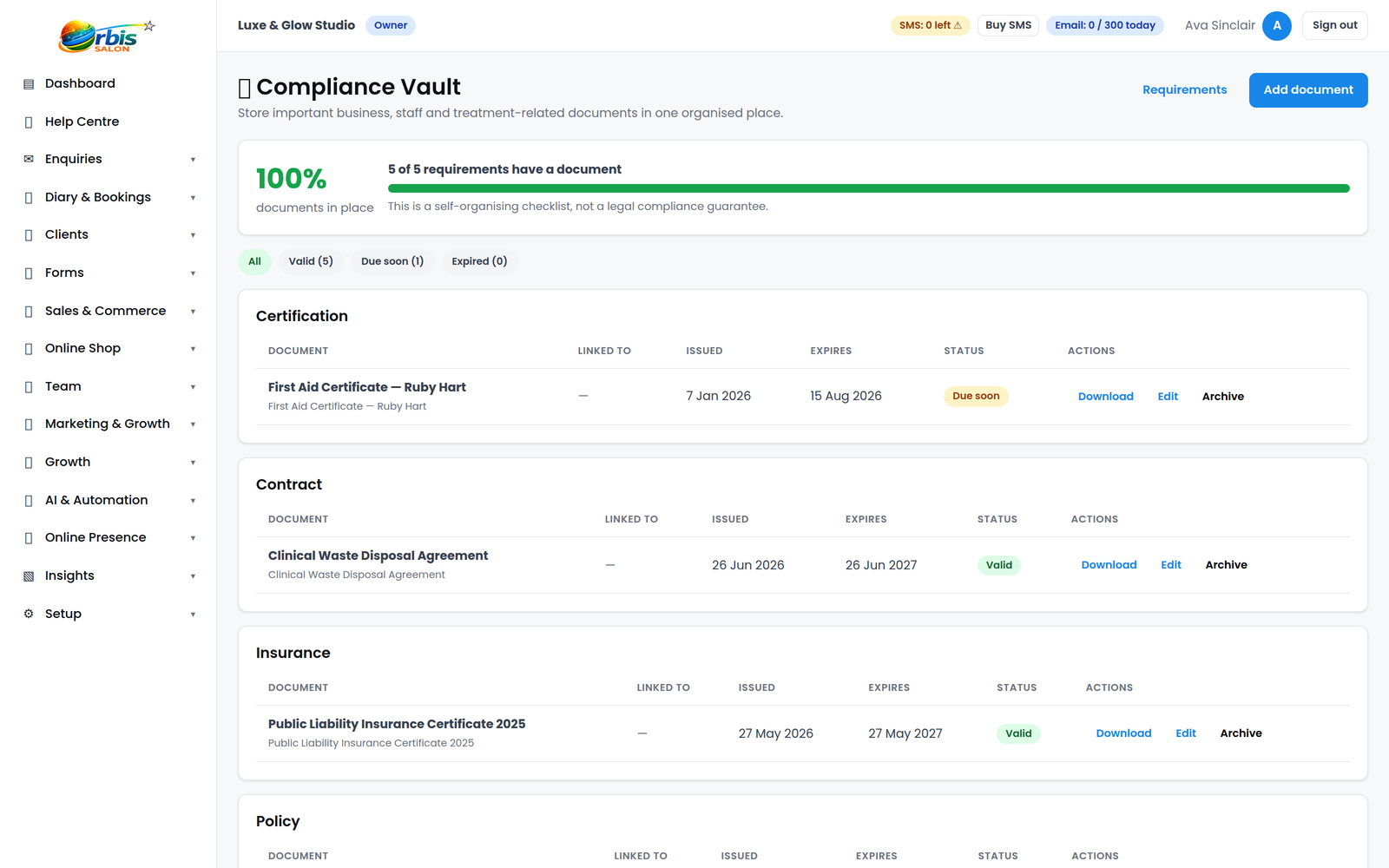 Compliance Vault showing business documents, certificates and expiry reminders
