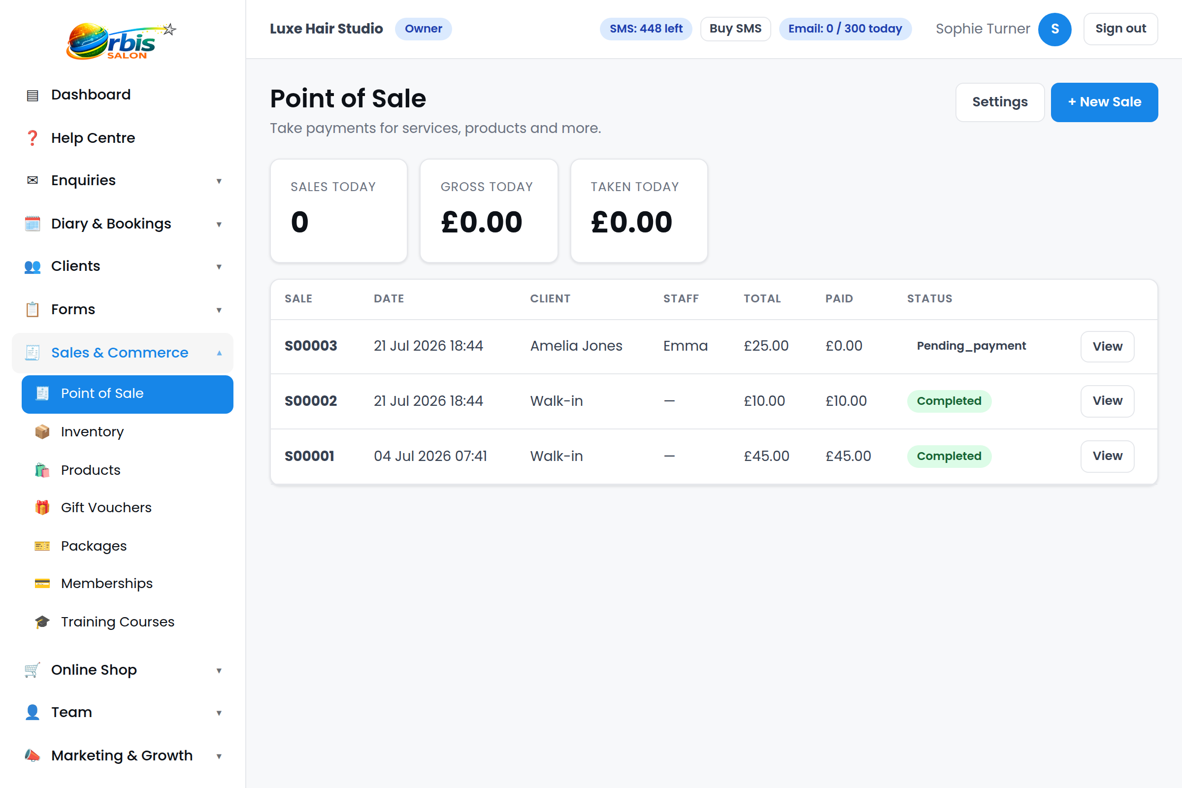 Orbis Salon point of sale screen with sales list and payments.