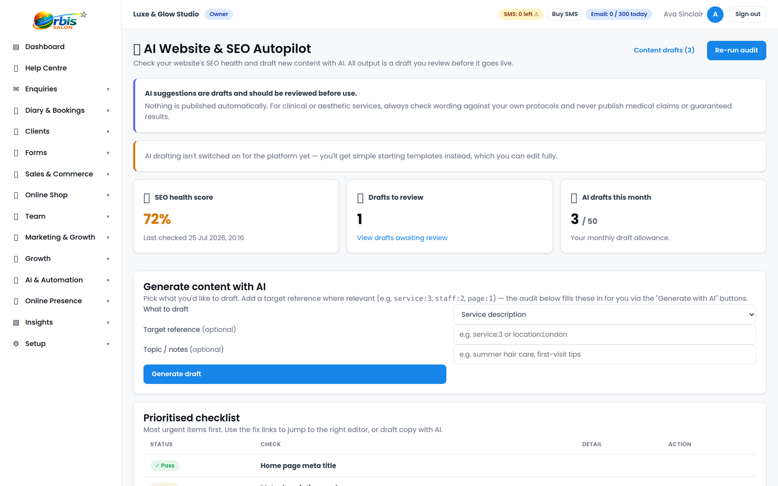 AI Website and SEO Autopilot showing draft service descriptions, SEO suggestions and approval workflow