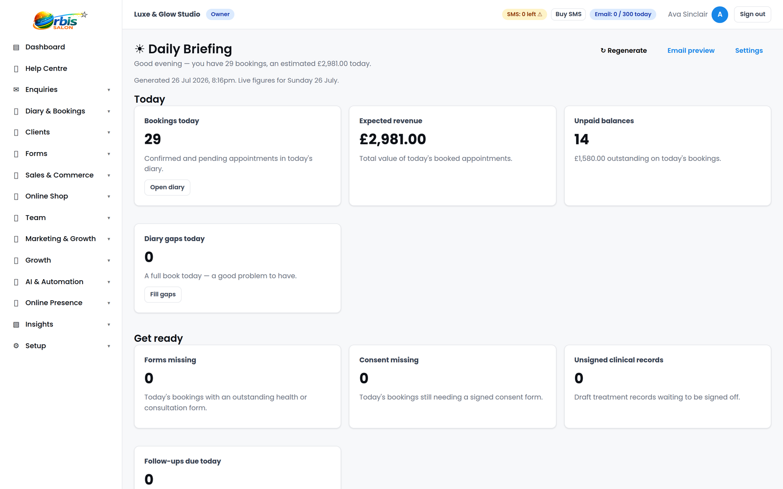 Owner Daily Briefing showing today's bookings, revenue, forms, gaps and follow-up reminders