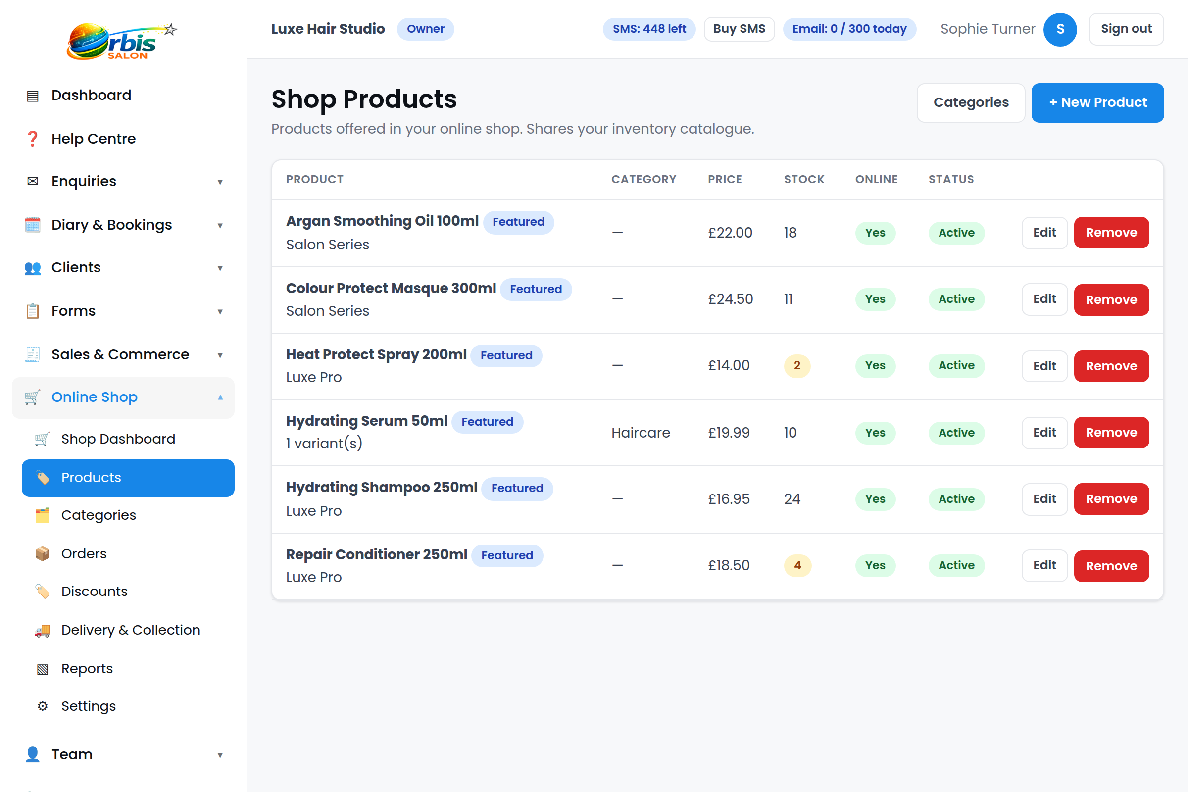 Orbis Salon online shop products list with stock and pricing.