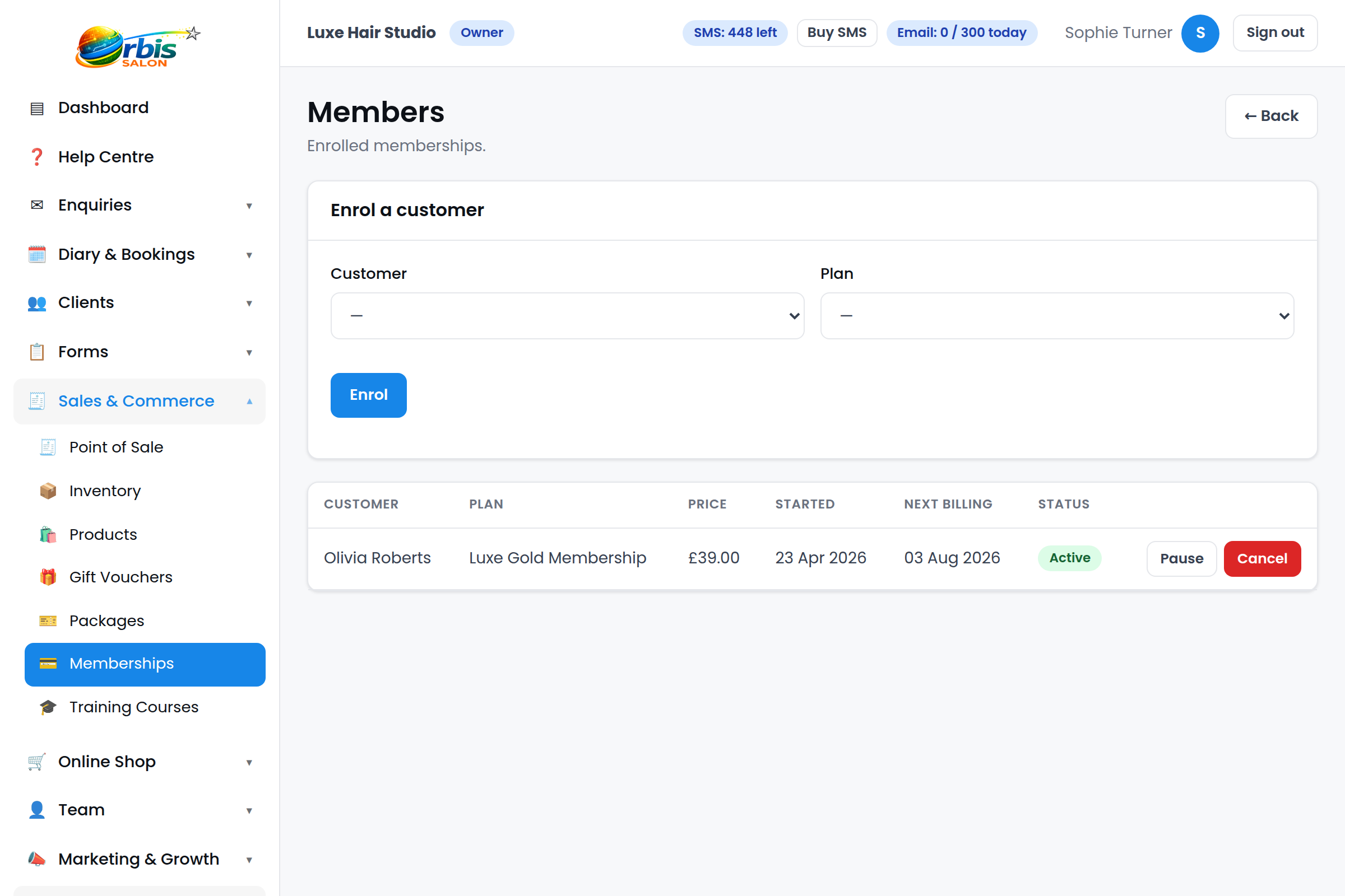 Orbis Salon memberships list with active member billing.