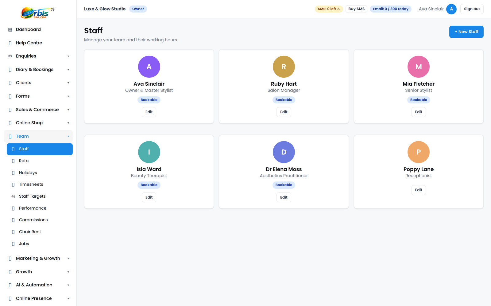 Orbis Salon staff management screen showing team members, roles and availability