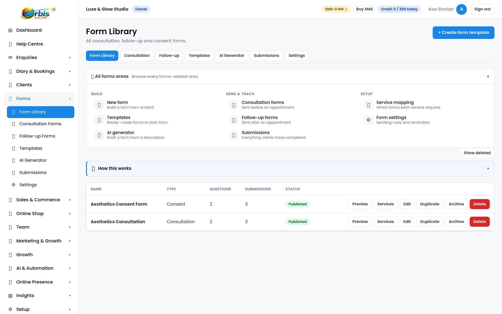 Orbis Salon forms and consent screen showing consultation forms and client records