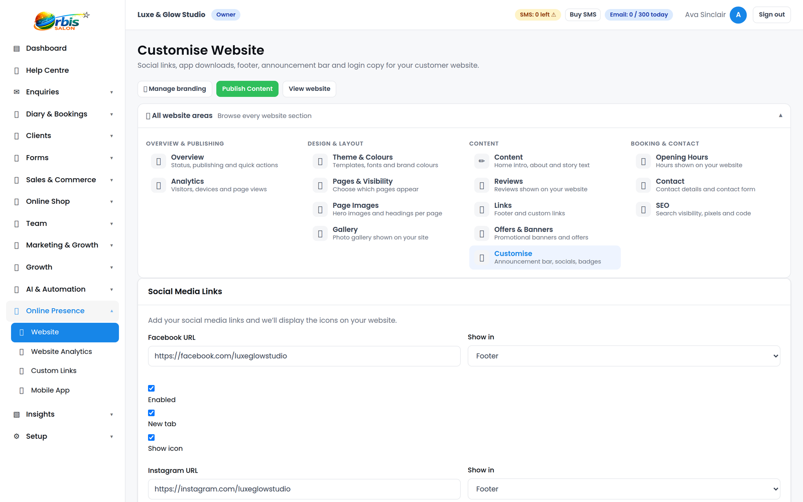 Orbis Salon website editor showing branding, content and website settings